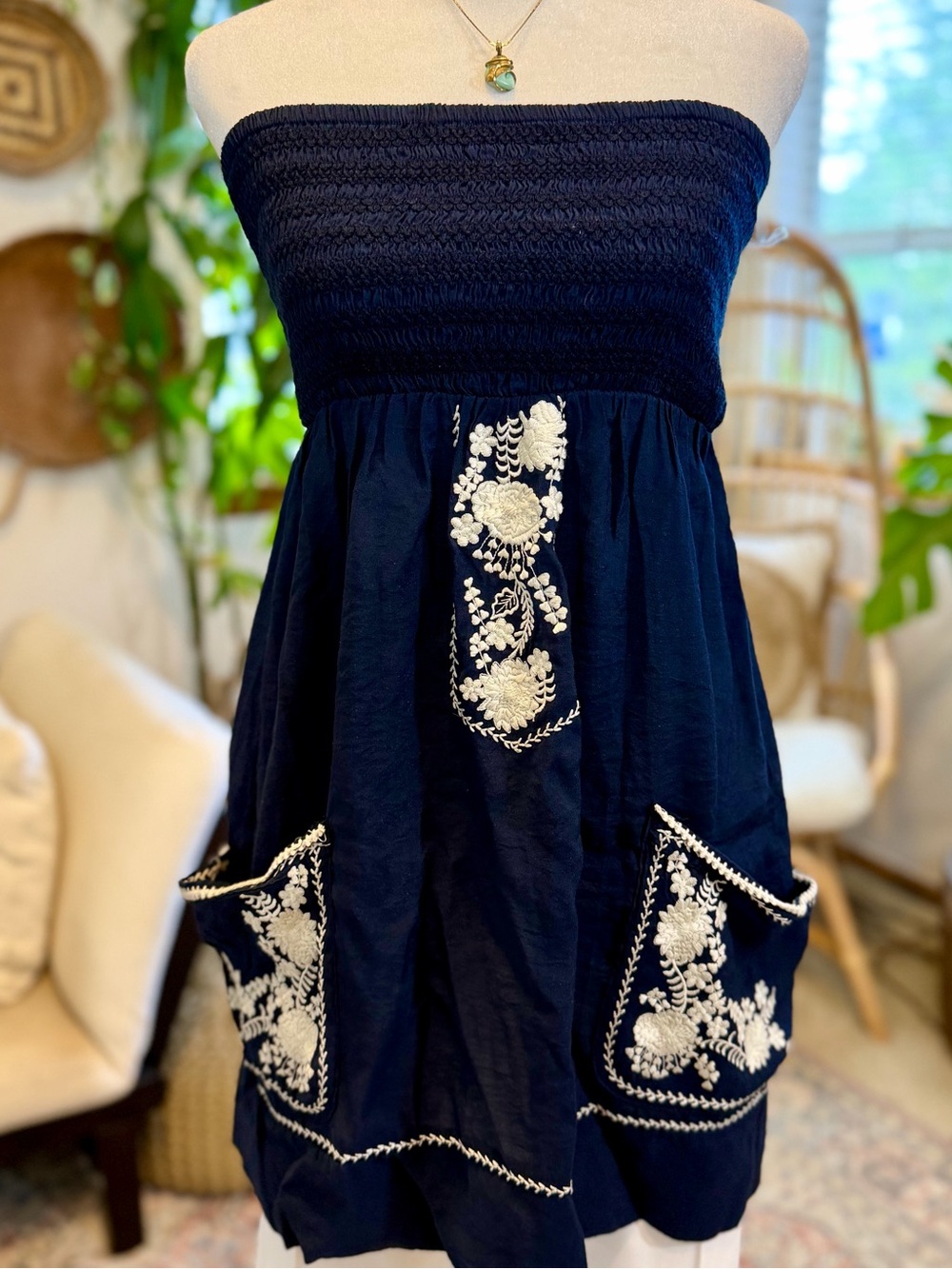 Sundress Strapless Boho Romantic Beach Cover Up Dress Blue White Embroidered M